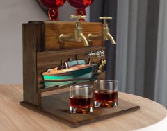 BK Gift Kişiye Özel Kabartma Gemi Tasarımlı Çift Musluklu Doğal Ahşap İçki Standı-20, İçki Standı, Doğum Günü Hediyesi, Ev Hediyesi, Erkek Hediye