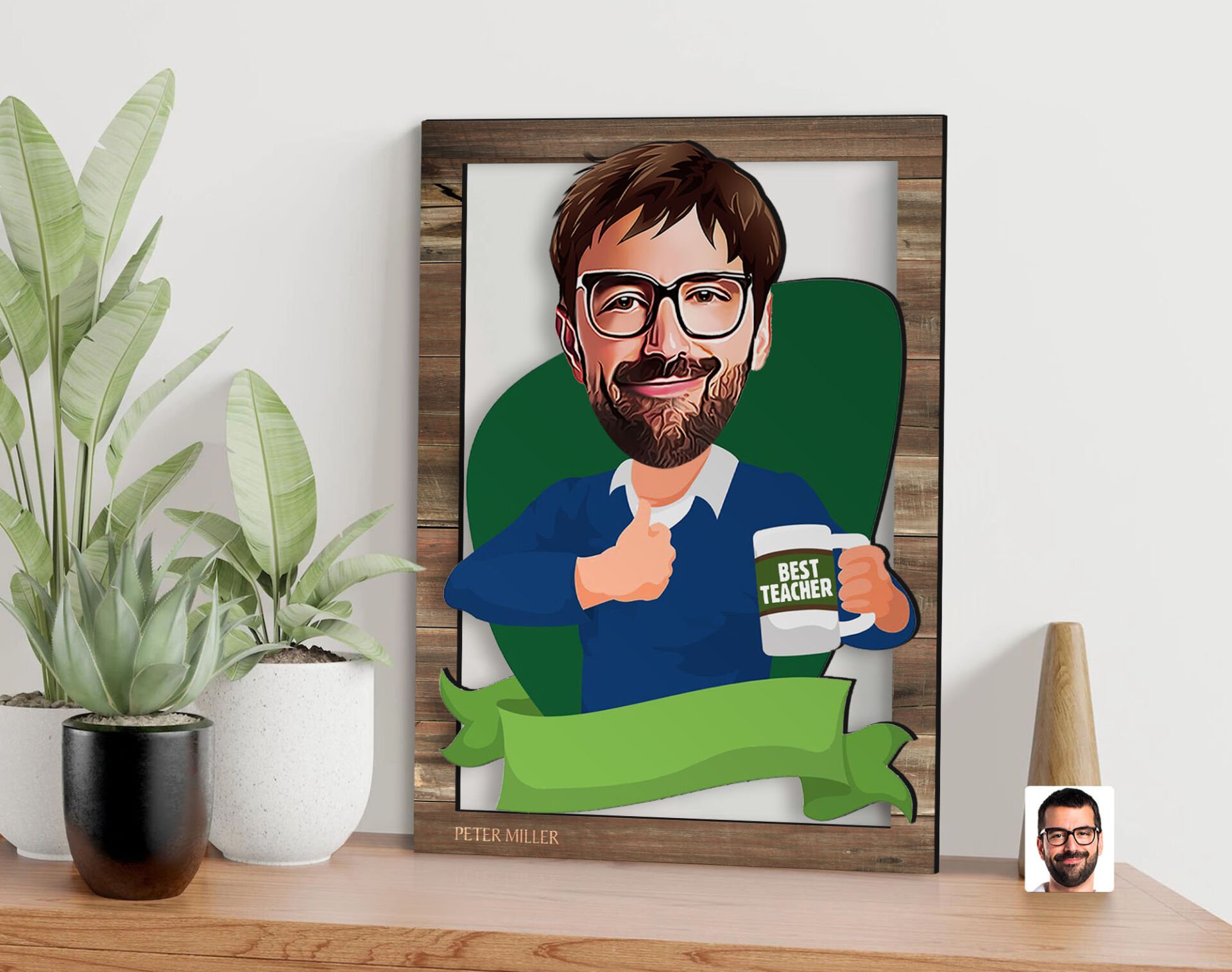 BK Gift Kişiye Özel Erkek Öğretmen Karikatürlü 3D Ahşap Tablo, Sevgiliye Hediye, Arkadaşa Hediye, Yıl Dönümü Hediyesi, Doğum Günü Hediyesi-5