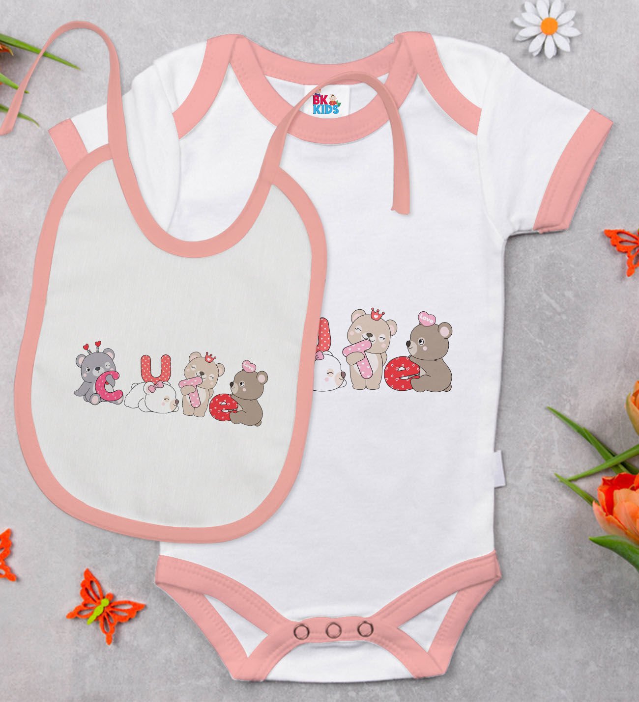 BK Kids Cute Tasarımlı Pembe Bebek Body Zıbın ve Mama Önlüğü Hediye Seti-2