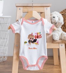 BK Kids Kişiye Özel Mini Boss Tasarımlı Pembe Bebek Body Zıbın ve Mama Önlüğü Hediye Seti