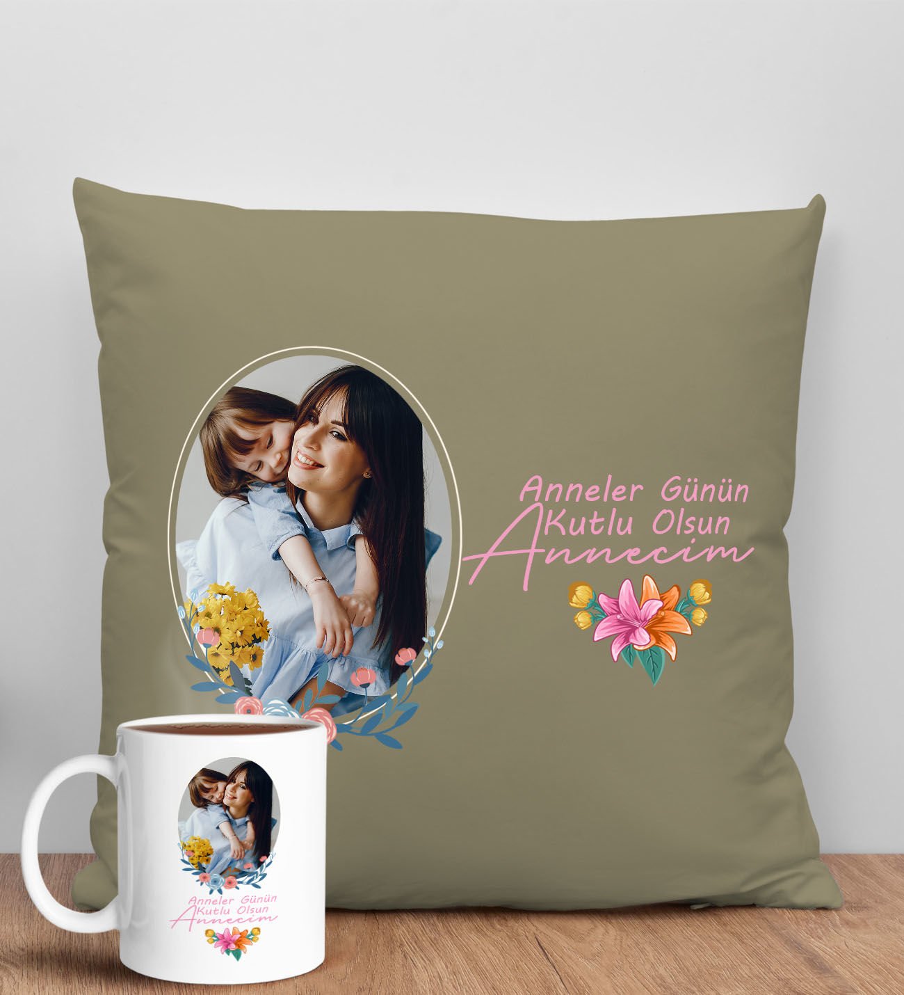 BK Gift Kişiye Özel Fotoğraflı Anneler Günü Tasarımlı Haki Kırlent Yastık ve Kupa Seti, Anneye Hediye, Ev Dekorasyonu, Anneler Günü Hediyesi-1