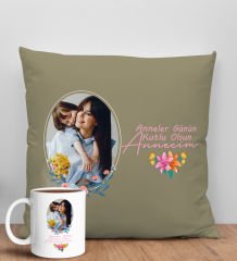 BK Gift Kişiye Özel Fotoğraflı Anneler Günü Tasarımlı Haki Kırlent Yastık ve Kupa Seti, Anneye Hediye, Ev Dekorasyonu, Anneler Günü Hediyesi-1