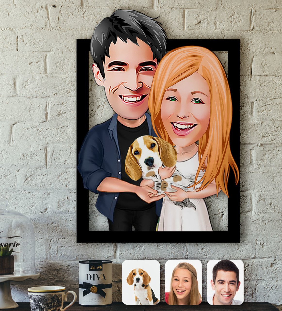 Kişiye Özel Evcil Dost Aile Karikatürlü 3D Ahşap Tablo-6