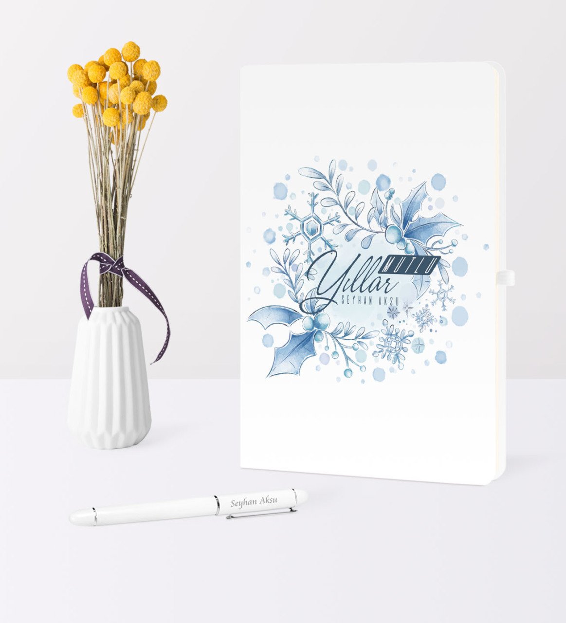 Kişiye Özel Yılbaşı Mutlu Yıllar Temalı Beyaz Defter Kalem Seti - 12