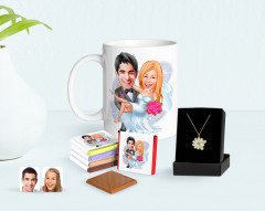 Kişiye Özel Sevgililer Günü Temalı Evleniyoruz Karikatürlü Kupa Çikolata ve Çift İsimli Papatya Kolye Seti-9