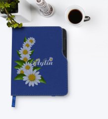 Kişiye Özel Papatya Temalı Lacivert Termo Deri Defter-8