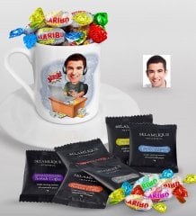 Kişiye Özel Bay Gamer Karikatürlü Türk Kahvesi Fincanı Selamlique Karışık Türk Kahvesi ve Haribo Şeker Hediye Seti-1