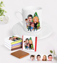 Kişiye Özel Yeni Yıl Aile Karikatürlü Türk Kahvesi Fincanı ve Çikolata Hediye Seti-5