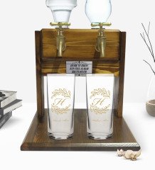 Kişiye Özel Renkli Baskılı Baş Harf İsim Tasarımlı İkili Rakı Bardağı ve Çift Musluklu Doğal Ahşap Rakı Standı-7
