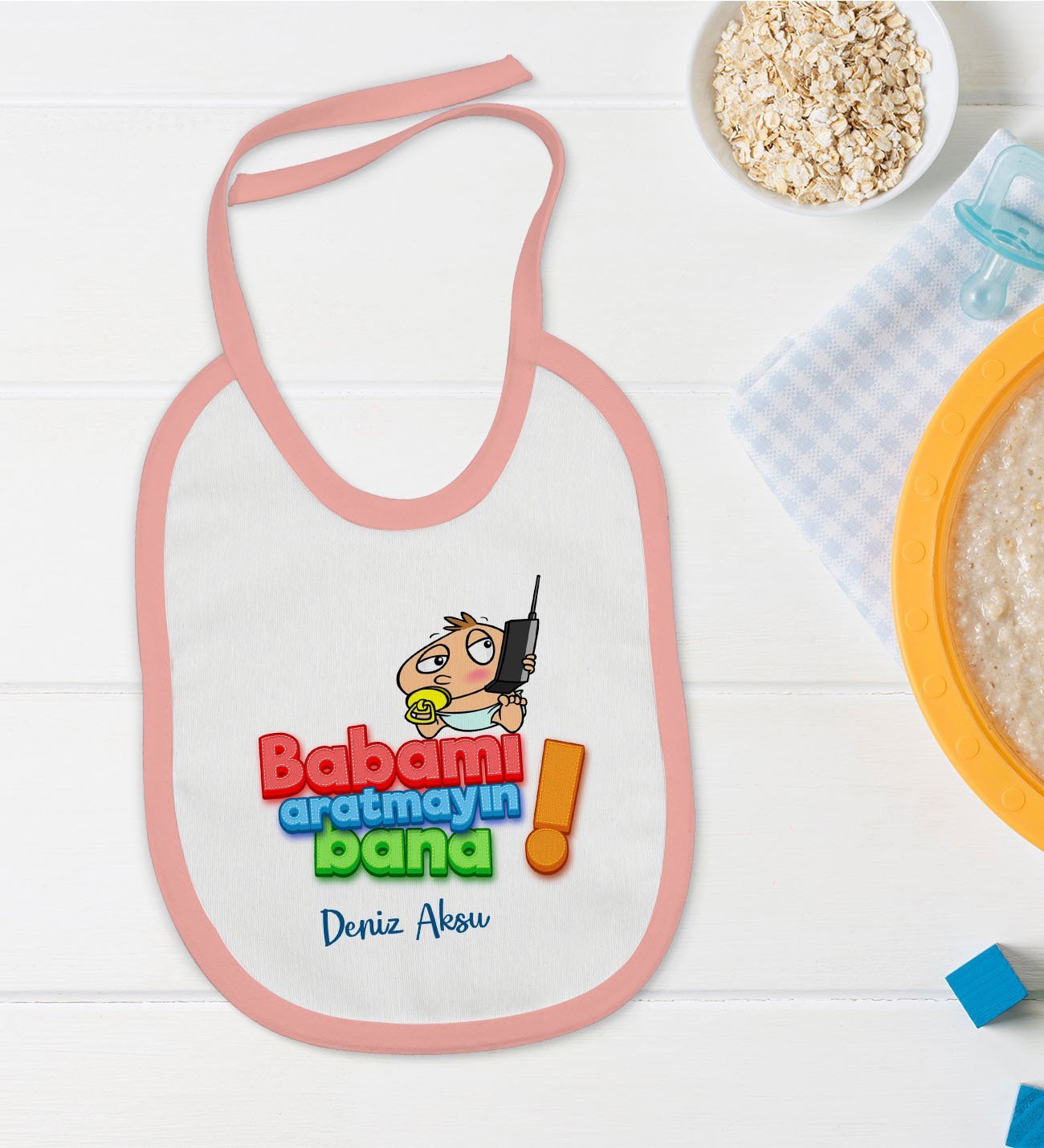 BK Kids Kişiye Özel Pembe Bebek Mama Önlüğü - Model 14