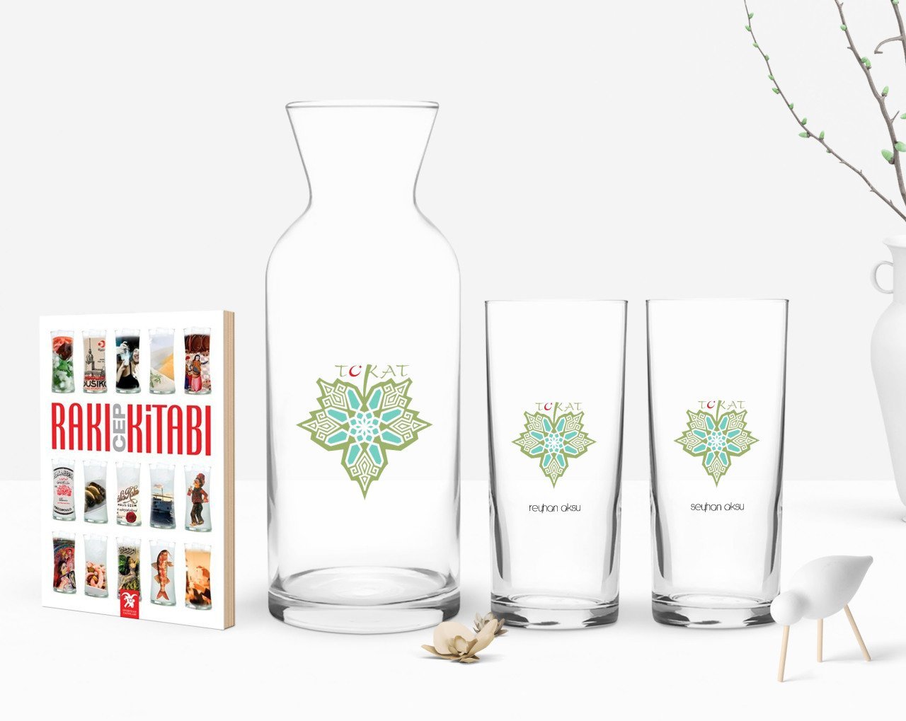 Kişiye Özel Renkli Baskılı Tokat Tasarımlı Turistik İkili Rakı Bardağı Karaf ve Cep Kitabı Hediye Seti-1