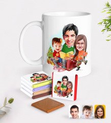 Kişiye Özel Yeni Yıl Aile Karikatürlü Beyaz Kupa ve Çikolata Hediye Seti-2