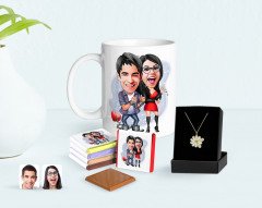 Kişiye Özel Sevgililer Karikatürlü Kupa Çikolata ve Çift İsimli Papatya Kolye Seti-1