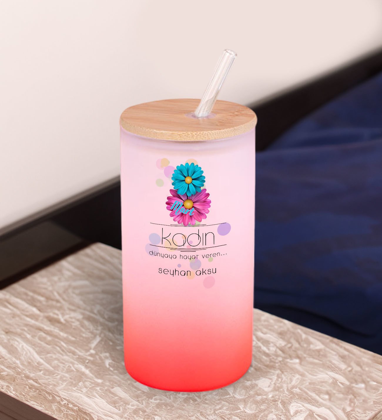 BK Gift Kadınlar Gününe Özel İsimli Kırmızı Renk Pipetli Buzlu Cam Bardak 600ml - 2, 8 Mart Kadınlar Günü