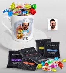 Kişiye Özel Bay Kebapçı Karikatürlü Türk Kahvesi Fincanı Selamlique Karışık Türk Kahvesi ve Haribo Şeker Hediye Seti-1