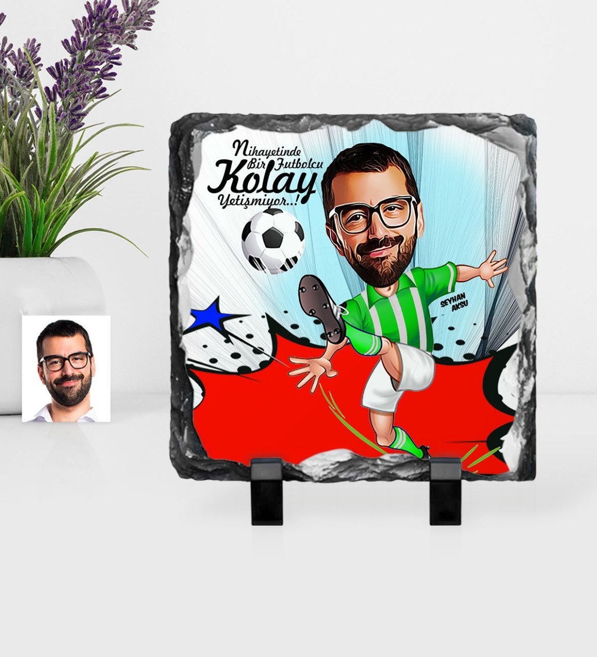 Kişiye Özel Bay Futbolcu Yeşil Beyaz Karikatürlü Dekoratif Doğal Taş - 1