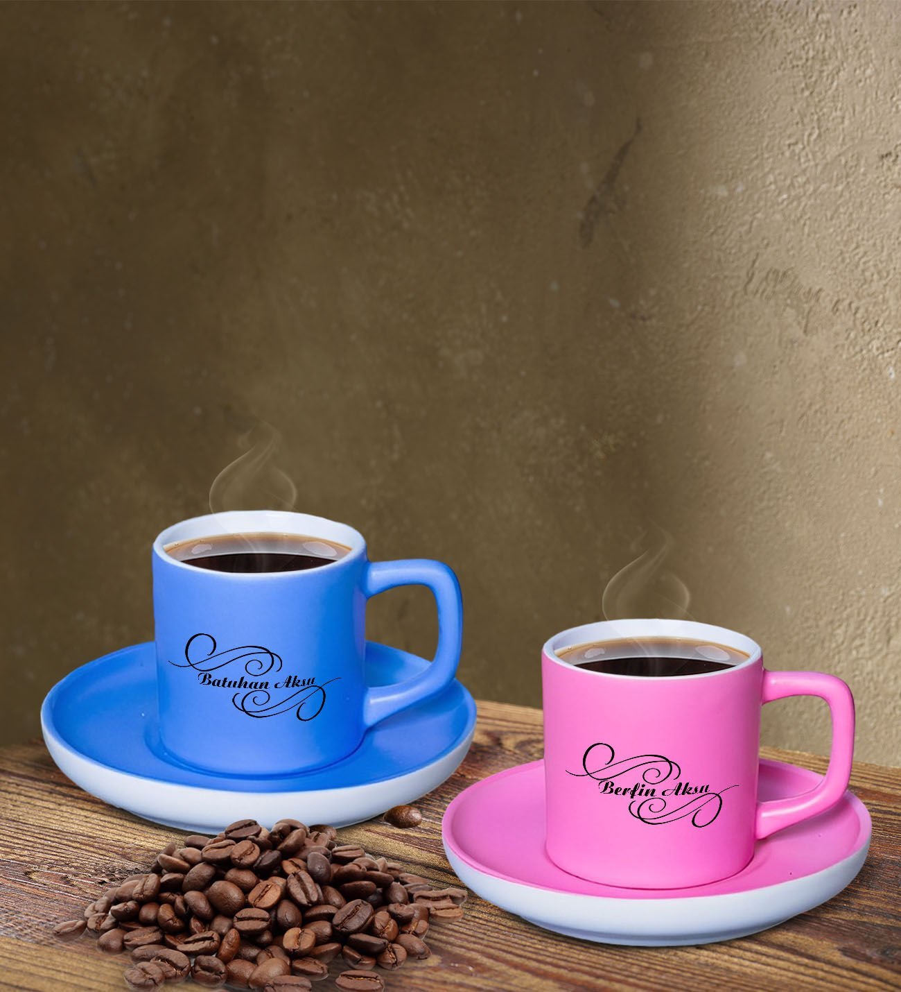 BK Gift Kişiye Özel İsimli Pembe ve Mavi Renk İkili Türk Kahvesi Fincan Seti-3, Ev Hediyesi, Arkadaşa Hediye, Doğum Günü Hediyesi