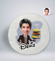 Kişiye Özel İsimli Erkek Öğretmen Karikatürlü Yuvarlak Araç Koltuk Yastığı-1