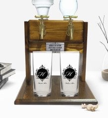 Kişiye Özel Renkli Baskılı Baş Harf İsim Tasarımlı İkili Rakı Bardağı ve Çift Musluklu Doğal Ahşap Rakı Standı-9