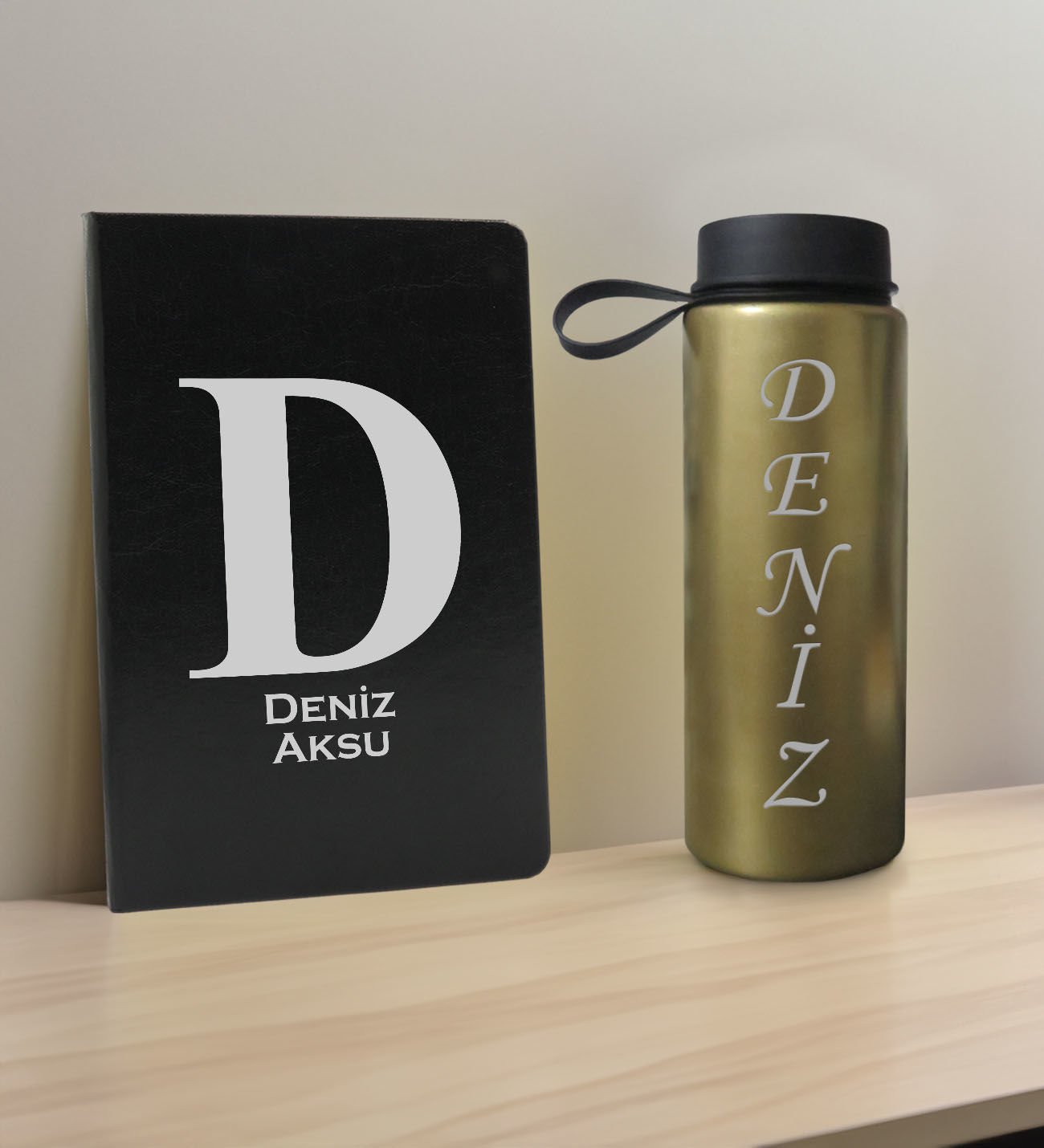 BK Gift Kişiye  Özel İsimli Siyah Defter ve Gold Cam Matara Hediye Seti-5, Sevgiliye Hediye, Arkadaşa Hediye, Yeni İş Hediyesi