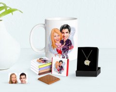 Kişiye Özel Sevgililer Karikatürlü Kupa Çikolata ve Çift İsimli Papatya Kolye Seti-2