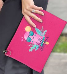 BK Gİft Yaz Temalı-5 Astarlı Fuşya Portföy Çanta 30x21cm, Baskılı El Çantası, Organizer Çanta