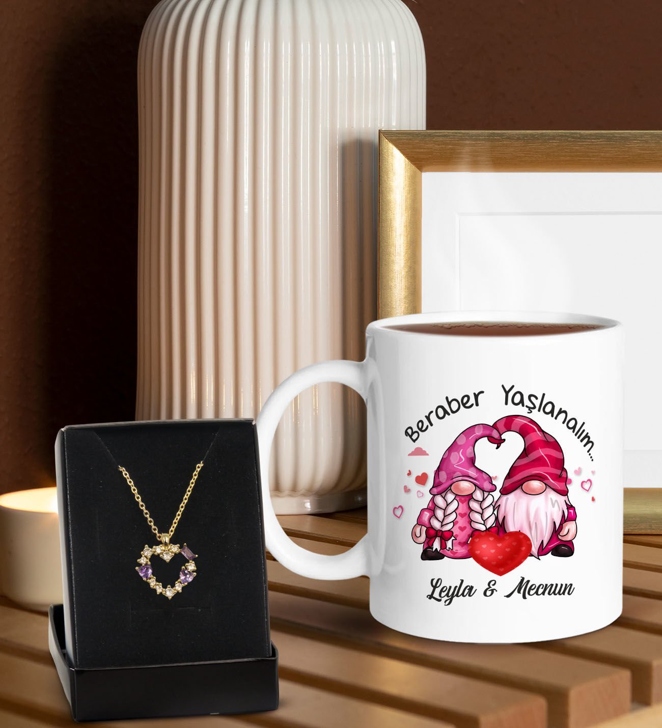 BK Gift Kişiye Özel Kupa ve Zirkon Taşlı Kalp Kolye-3, Sevgiliye Hediye, Doğum Günü Hediyesi, Yıl Dönümü Hediyesi