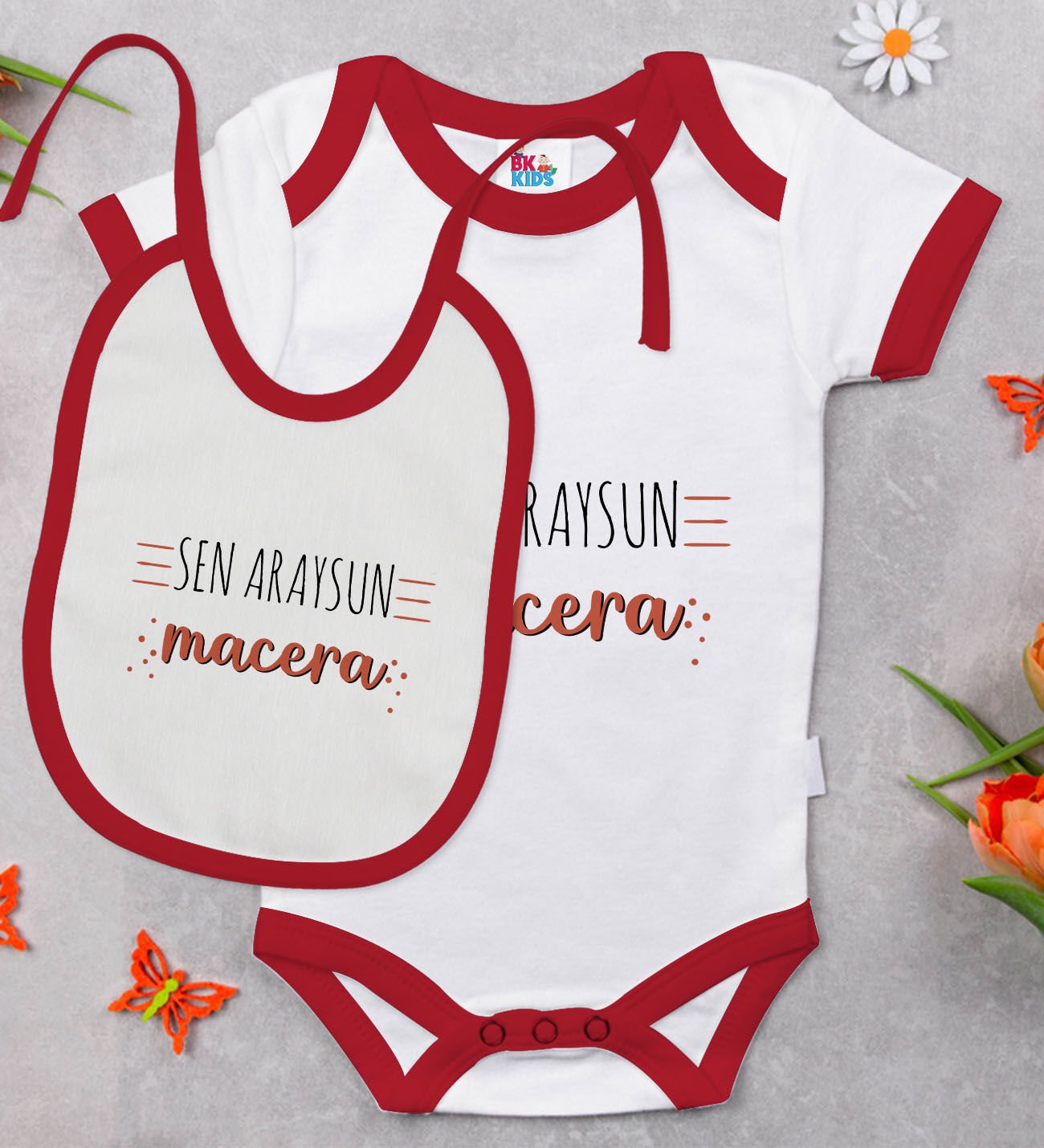 BK Kids Sen Araysun Macera Tasarımlı Kırmızı Bebek Body Zıbın ve Mama Önlüğü Hediye Seti-1