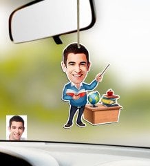 Kişiye Özel Bay Öğretmen Karikatürlü Ahşap Araba Dikiz Ayna Süsü-5