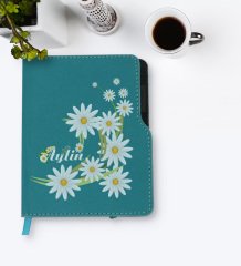 Kişiye Özel Papatya Temalı Turkuaz Termo Deri Defter-1