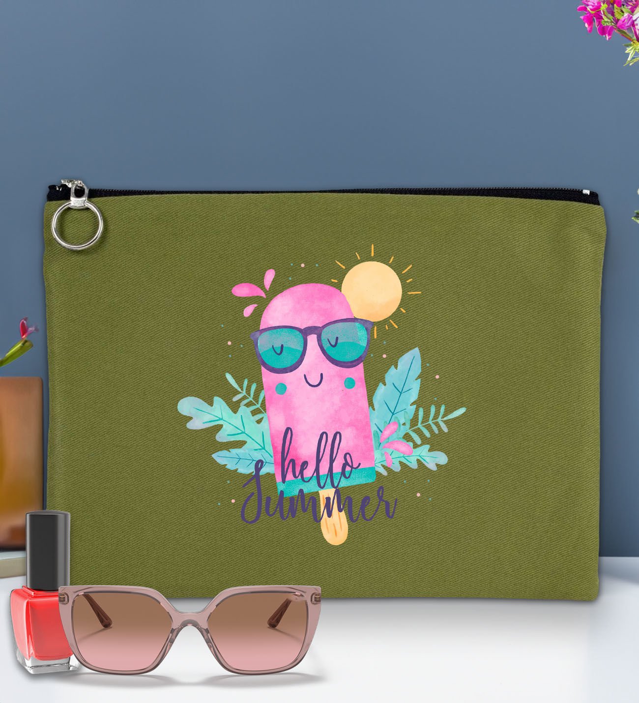 BK Gİft Yaz Temalı-5 Astarlı Yeşil Portföy Çanta 30x21cm, Baskılı El Çantası, Organizer Çanta