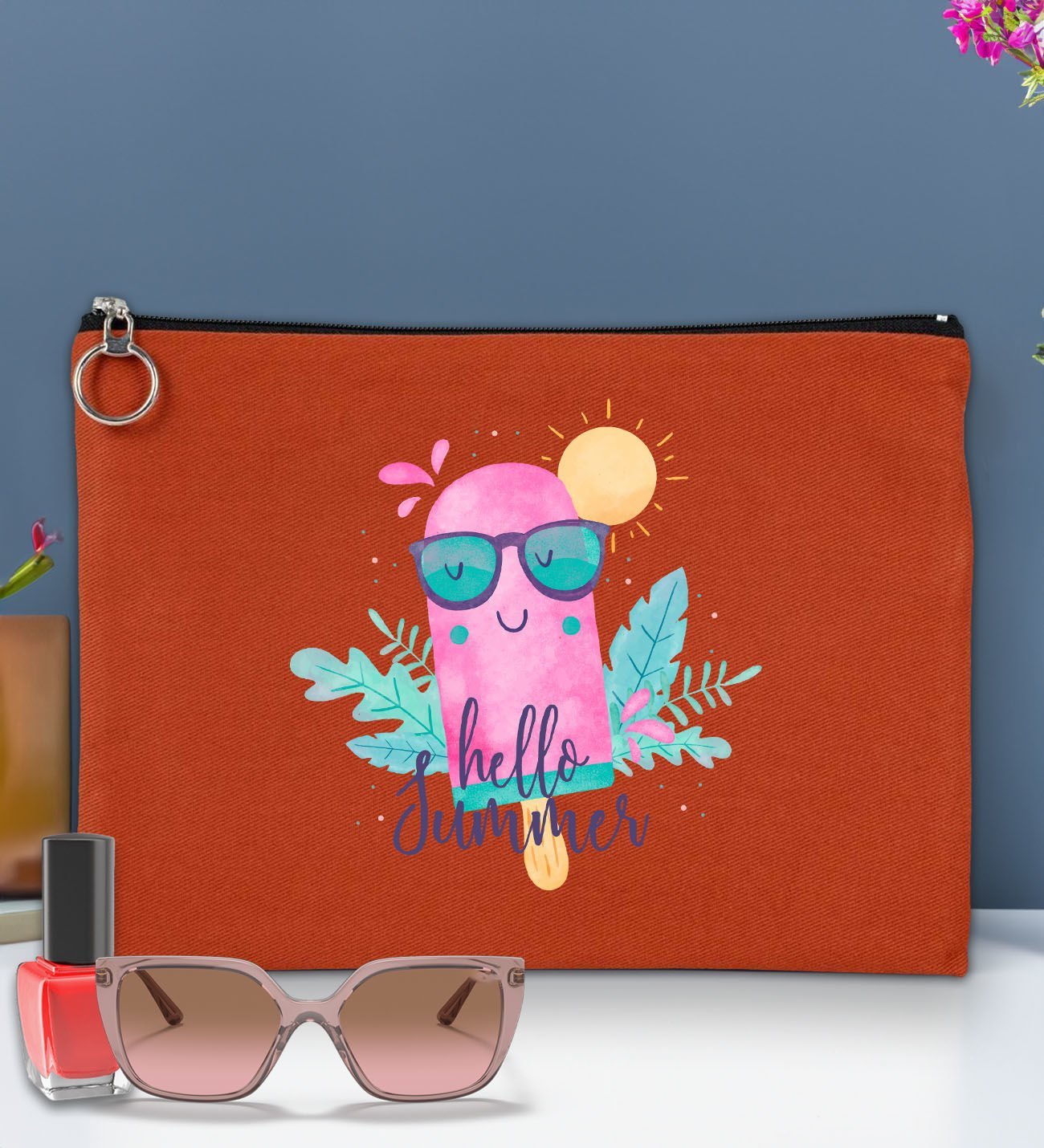 BK Gİft Yaz Temalı-5 Astarlı Kiremit Portföy Çanta 30x21cm, Baskılı El Çantası, Organizer Çanta