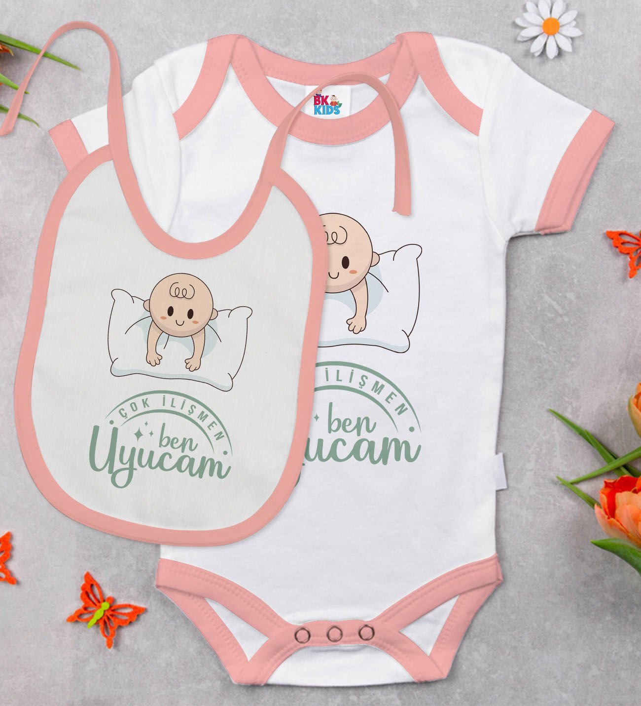 BK Kids Çok İlişmen Tasarımlı Pembe Bebek Body Zıbın ve Mama Önlüğü Hediye Seti-1