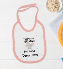 BK Kids Kişiye Özel Uykusuz Gecelere Merhaba Tasarımlı Pembe Bebek Body Zıbın ve Mama Önlüğü Hediye Seti