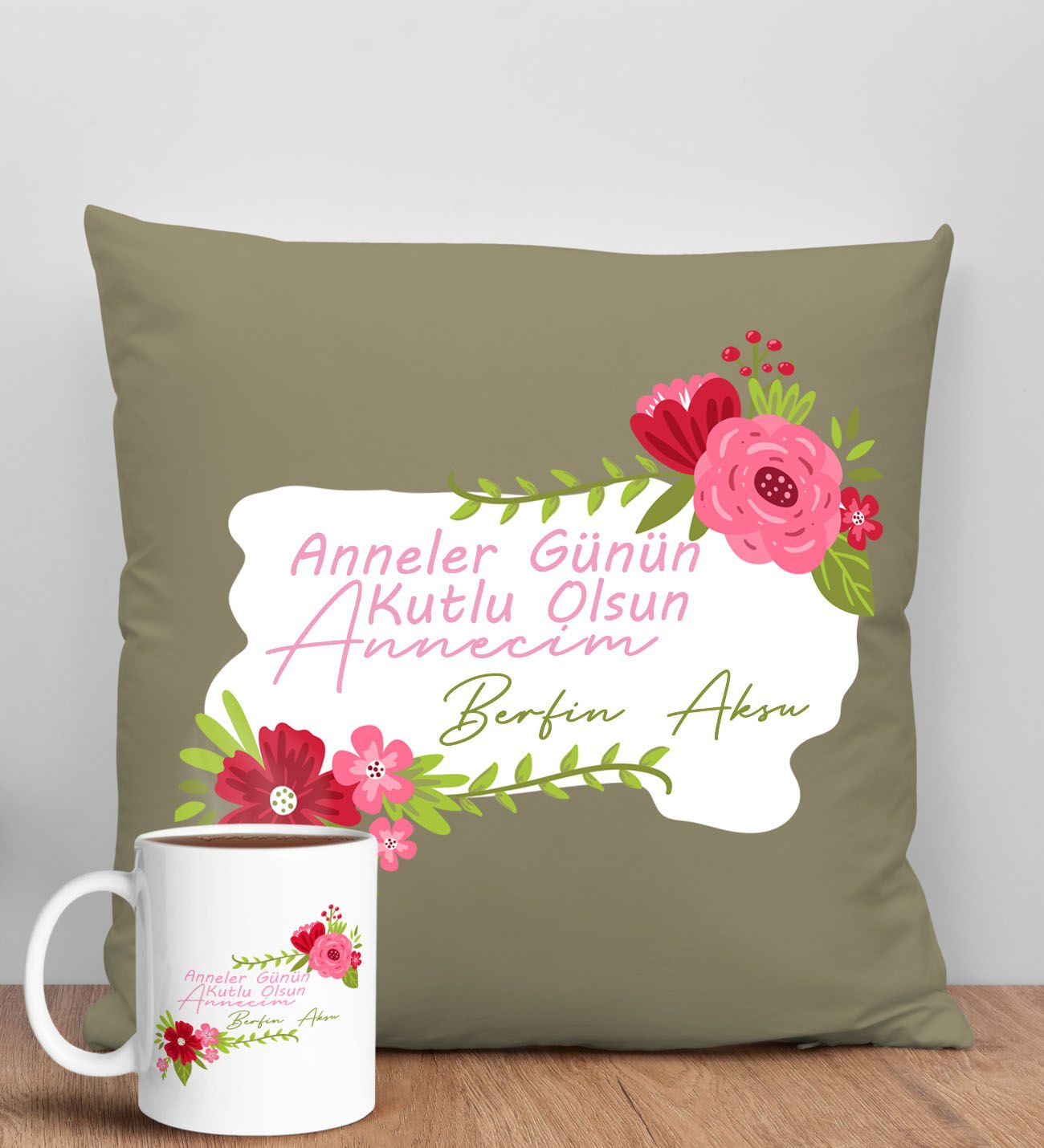 BK Gift Kişiye Özel İsimli Anneler Günü Tasarımlı Haki Kırlent Yastık ve Kupa Seti, Anneye Hediye, Ev Dekorasyonu, Anneler Günü Hediyesi-6