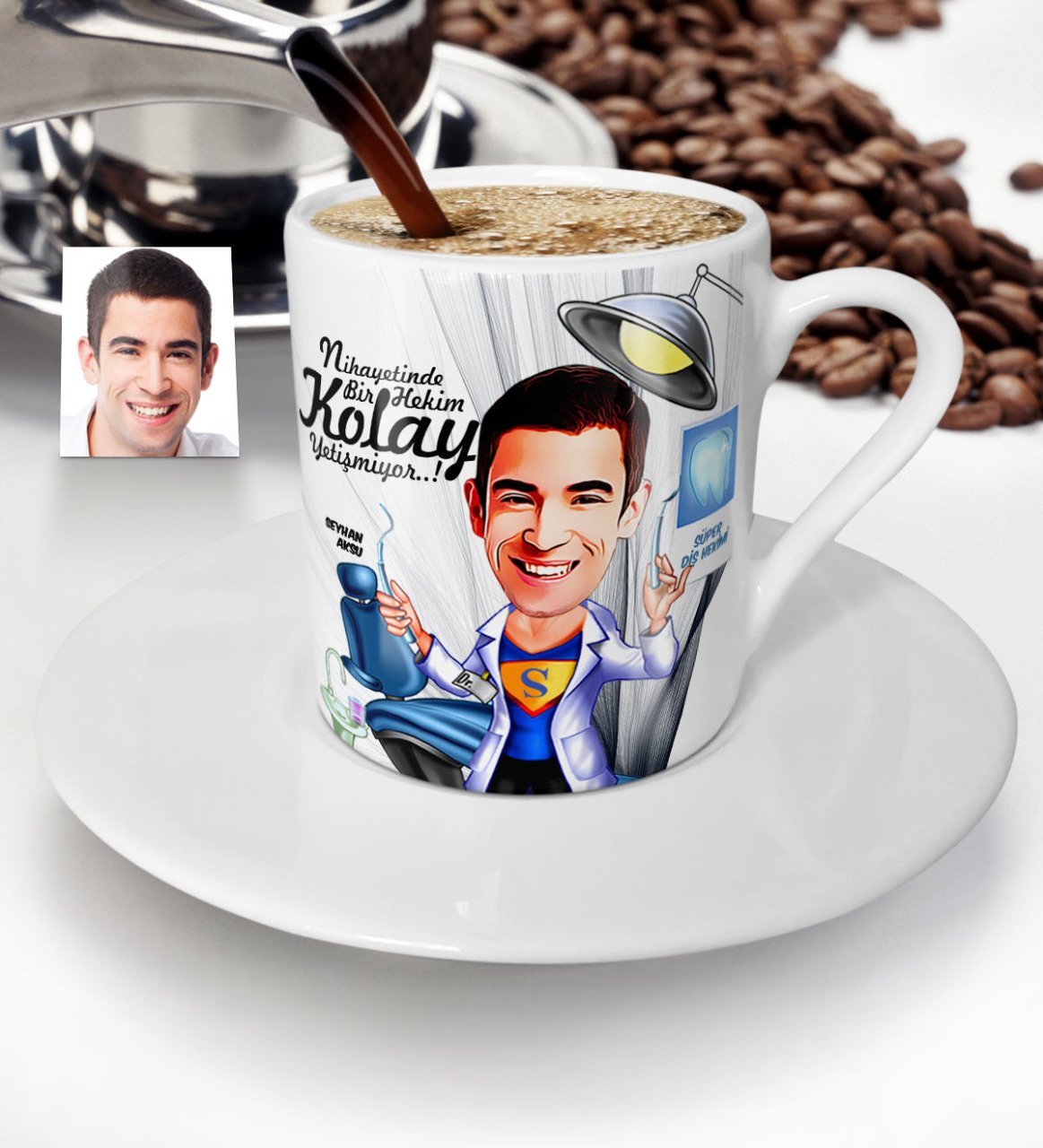Kişiye Özel Bay Diş Hekimi Karikatür Türk Kahvesi Fincanı - 1