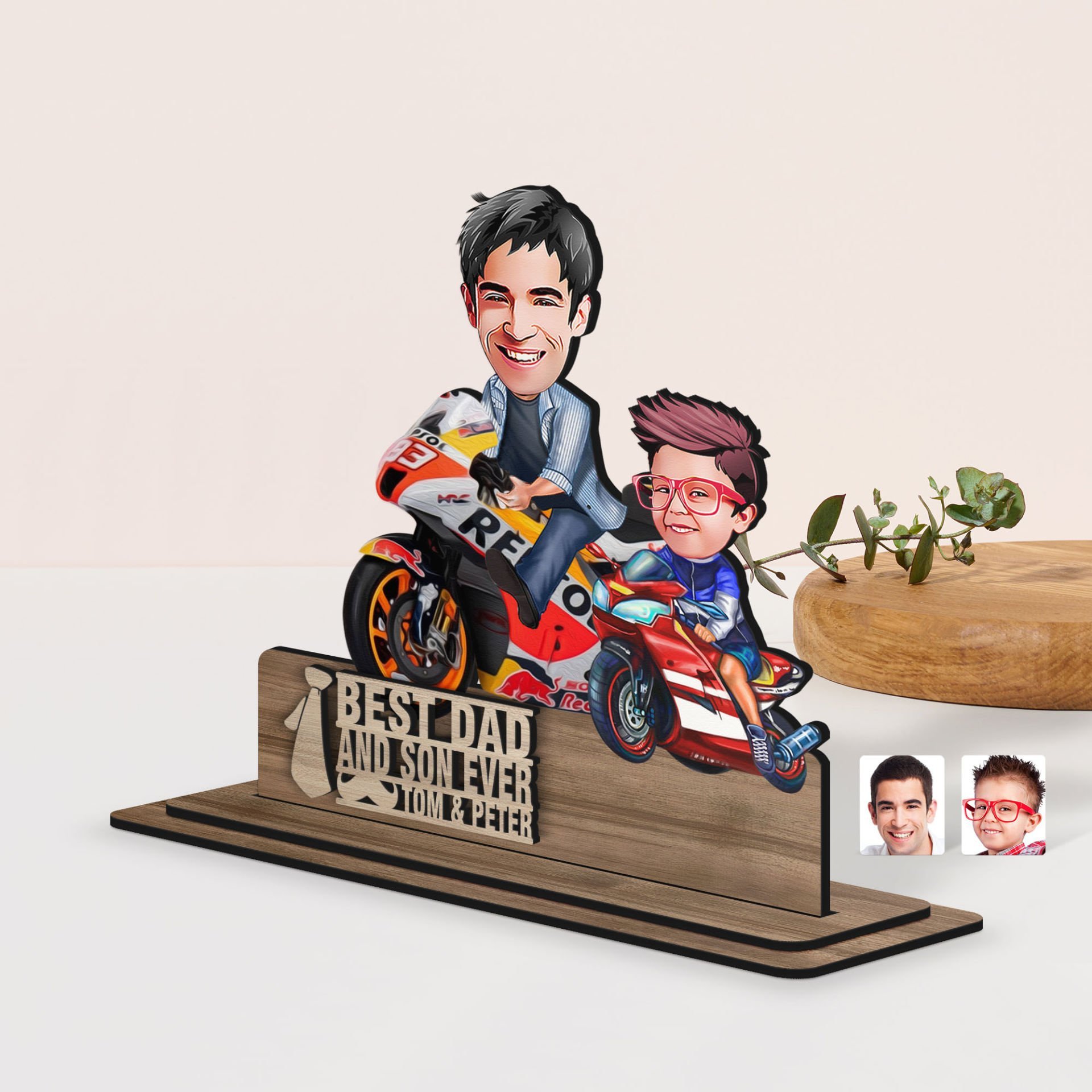 BK Gift Kişiye Özel 3D Kabartma İsimli Baba-Oğul Karikatürlü Ahşap Biblo-3, Babaya Hediye, Babalar Günü Hediyeleri