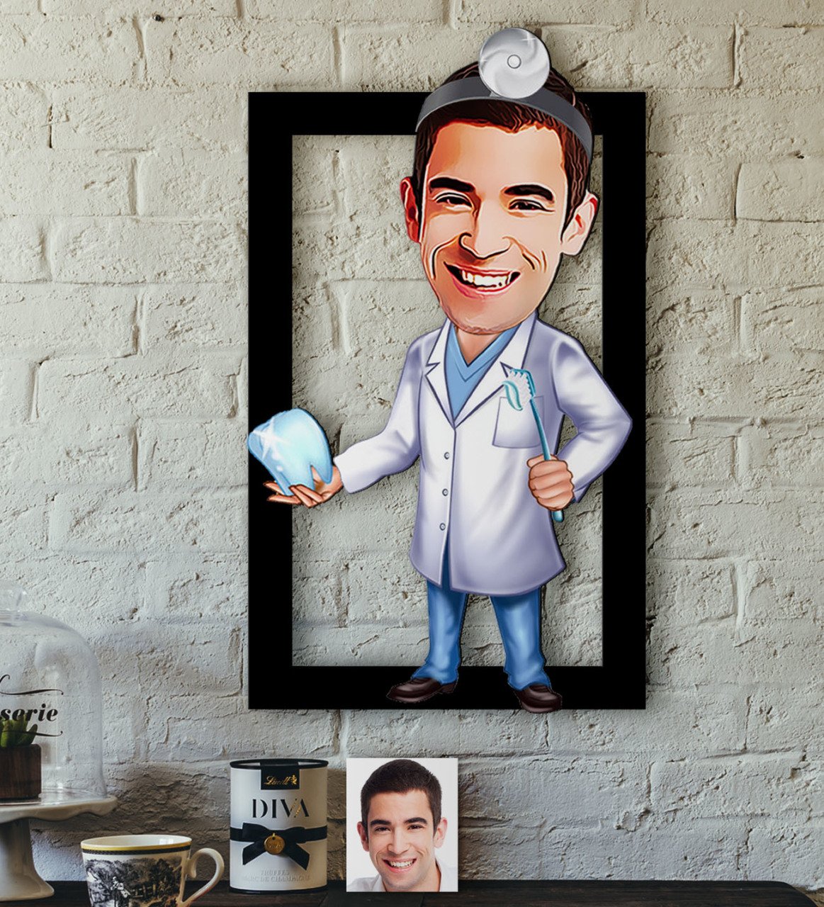 Kişiye Özel Bay Diş Hekimi Karikatürlü 3D Ahşap Tablo-3