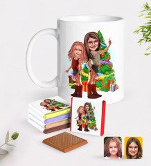 Kişiye Özel Yeni Yıl Kız Kardeşler Karikatürlü Beyaz Kupa ve Çikolata Hediye Seti-2