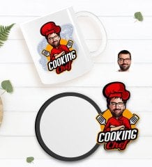Kişiye Özel Erkek Chef Karikatürlü Beyaz Kupa ve Ahşap Bardak Altlığı Hediye Seti-11
