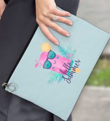 BK Gİft Yaz Temalı-5 Astarlı Açık Mavi Portföy Çanta 30x21cm, Baskılı El Çantası, Organizer Çanta