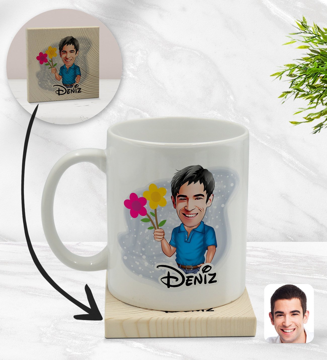 Kişiye Özel Erkek Karikatürlü Beyaz Kupa Bardak ve Ahşap Bardak Altlığı Hediye Seti - Model 1