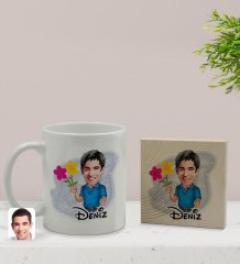 Kişiye Özel Erkek Karikatürlü Beyaz Kupa Bardak ve Ahşap Bardak Altlığı Hediye Seti - Model 1