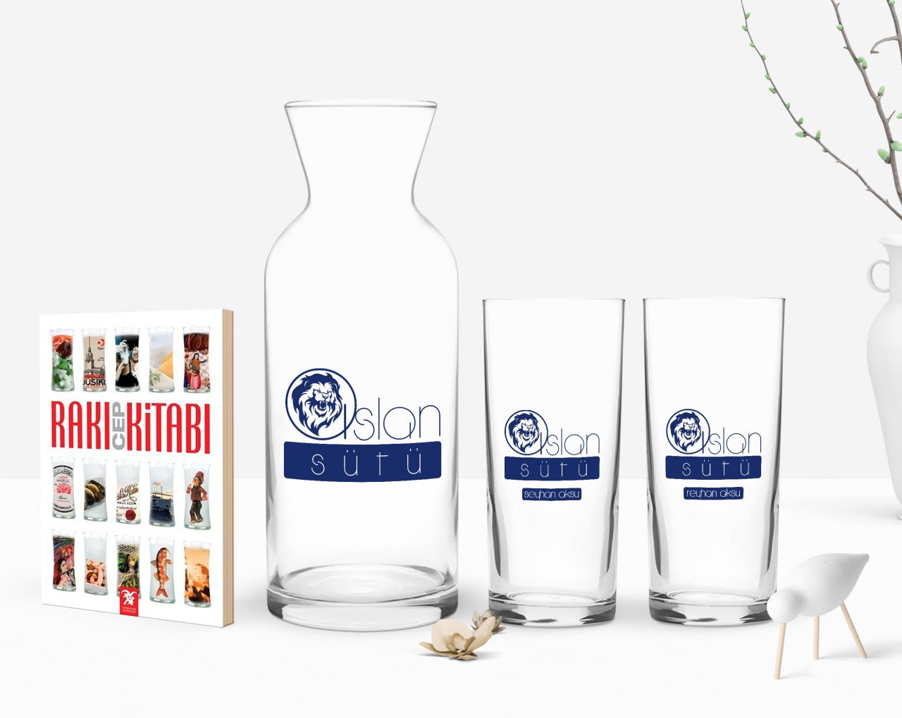 Kişiye Özel Renkli Baskılı Aslan Sütü Tasarımlı İkili Rakı Bardağı Karaf ve Cep Kitabı Hediye Seti-2