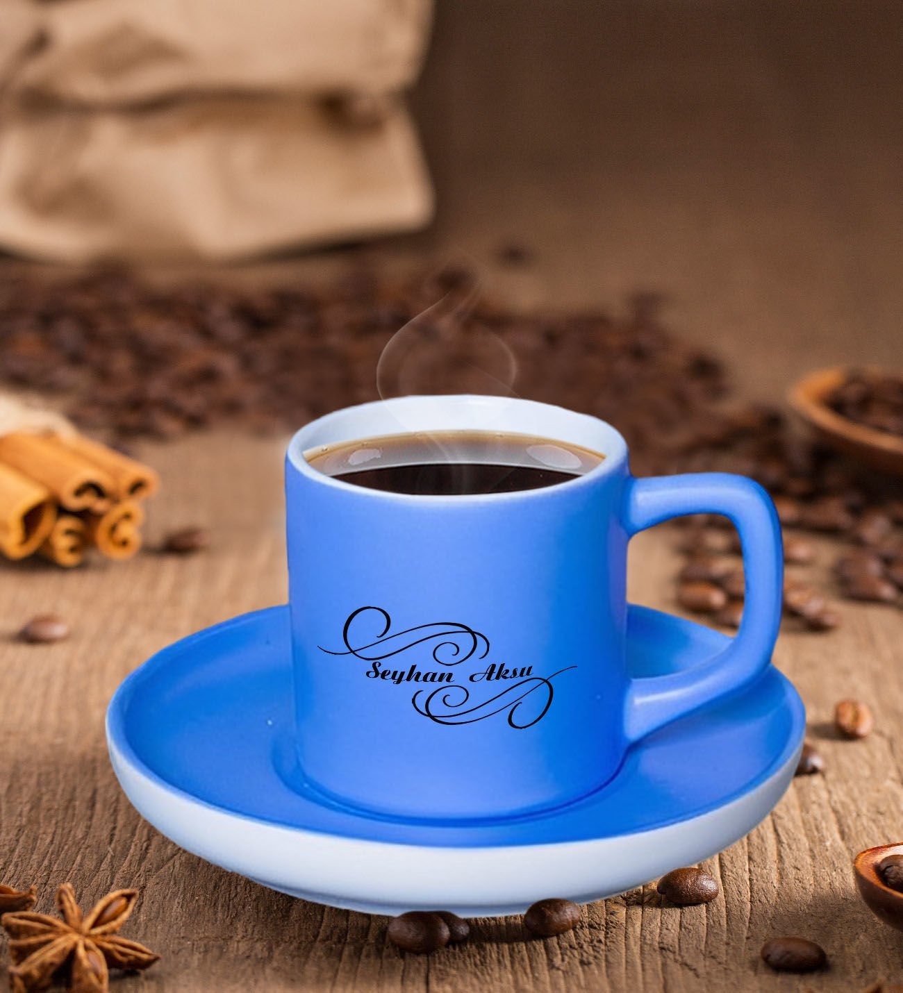 BK Gift Kişiye Özel İsimli Mat Mavi Renk Türk Kahvesi Fincanı-3, Renkli Türk Kahvesi Fincanı
