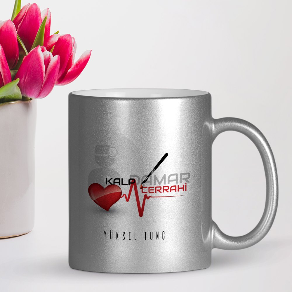 Kişiye Özel Mesleki Kalp Damar Cerrahi Gümüş Yaldızlı Kupa Bardak - 1