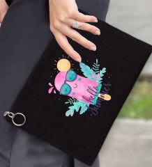 BK Gİft Yaz Temalı-5 Astarlı Siyah Portföy Çanta 30x21cm, Baskılı El Çantası, Organizer Çanta