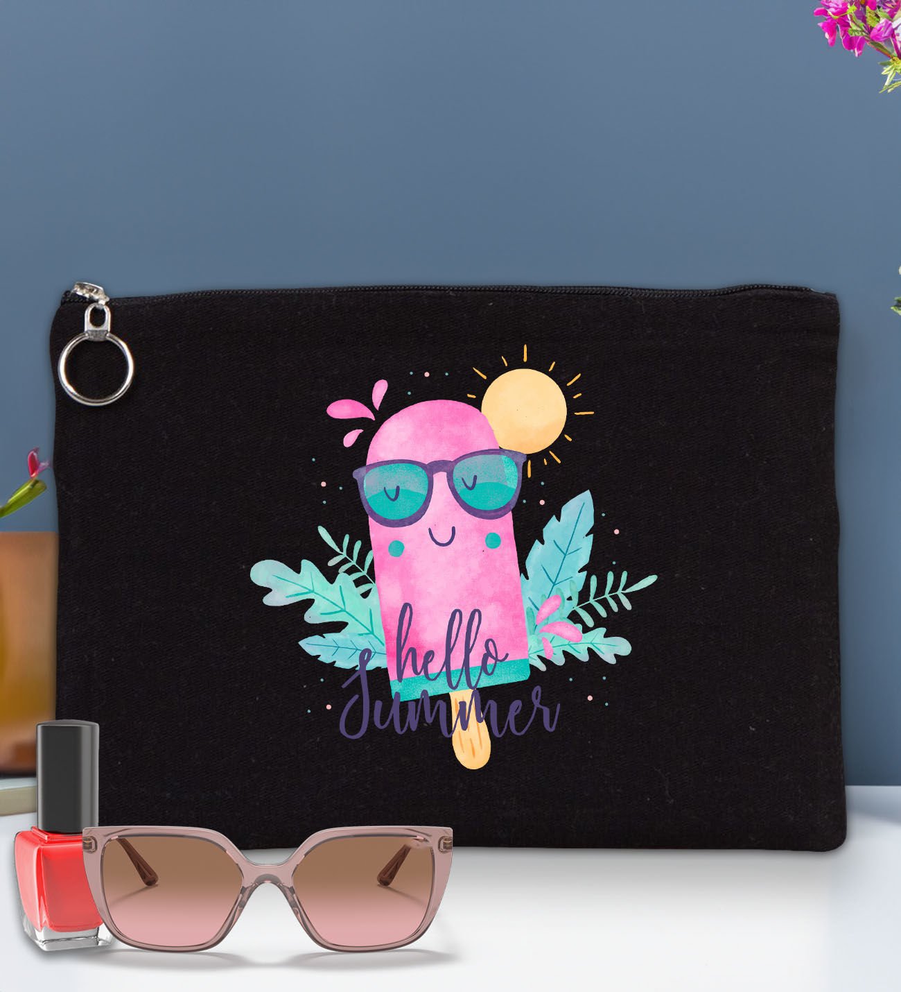 BK Gİft Yaz Temalı-5 Astarlı Siyah Portföy Çanta 30x21cm, Baskılı El Çantası, Organizer Çanta
