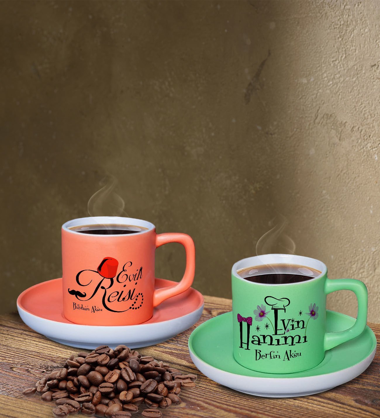 BK Gift Kişiye Özel Evin Reisi ve Hanımı Tasarımlı Somon ve Yeşil Renk İkili Türk Kahvesi Fincan Seti-1, Ev Hediyesi, Arkadaşa Hediye, Doğum Günü Hediyesi