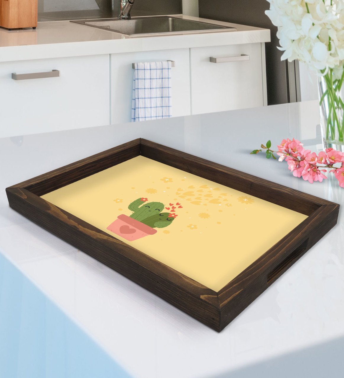 BK Gift Kaktüs Tasarımlı Doğal Ahşap Tepsi-4